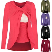 Fashion Round-neck Solid Color Twist Long Sleeve Irregular Hem Shirt for Breastfeeding Mothers