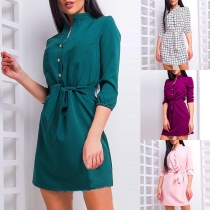 OL Style 3/4 Sleeve Stand Collar Slim Fit Dress