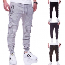 Fashion Solid Color Elastic Waist Pleated Slim Fit Man's Sports Pants