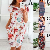 Fashion Short Sleeve Round Neck Slim Fit Printed Dress