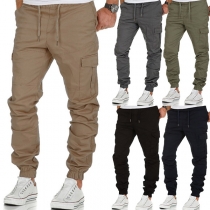 Fashion Solid Color Elastic Waist Pockets Slim Fit Man's Pants 