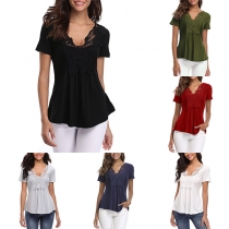 Fashion Solid Color Deep V-neck Short Sleeve Embroidered Ruffle Hem Shirt 