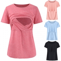 Fashion Solid Color Round-neck Short Sleeve Shirt