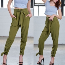 Fashion Solid Color High Waist Lace-up Casual Pants 