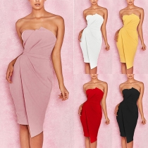 Sexy Strapless Irregular Hem Solid Color Party Dress