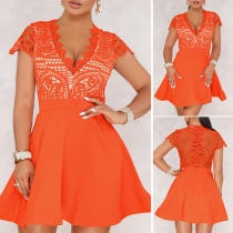 Sexy V-neck Short Sleeve High Waist Lace Spliced Dress