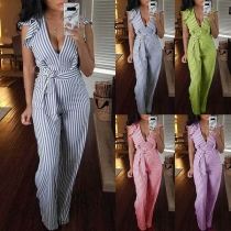 Sexy Backless Deep V-neck Lotus Sleeve High Waist Striped Jumpsuit 