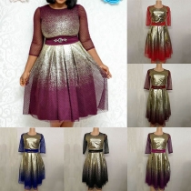 Fashion Contrast Color 3/4 Sleeve Round Neck Gauze Spliced Dress