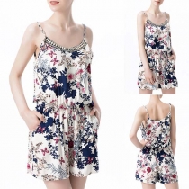 Sexy Backless Elastic Waist Printed Sling Romper 
