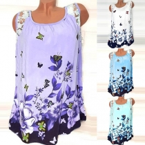 Fashion Sleeveless Round Neck Lace Spliced Printed T-shirt 
