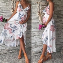 Sexy Backless V-neck Irregular Hem Printed Sling Dress for Pregnant Woman