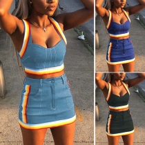 Sexy Contrast Color Sleeveless Crop Top + Skirt Denim Two-piece Set 