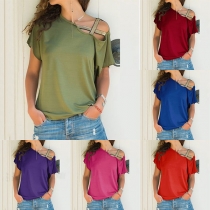Sexy Crossover Oblique Shoulder Short Sleeve Solid Color T-shirt