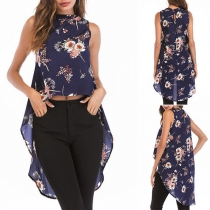 Fashion Sleeveless Stand Collar High-low Hem Printed Chiffon Top 