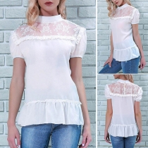 Fashion Stand Collar Lace Hollow-out Ruffled Trim Short Sleeve Ciffon Top
