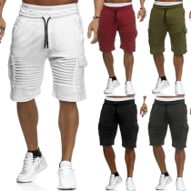 Fashion Elastic Waist Solid Color Ribbing Pockets Slim Fit Man's Shorts