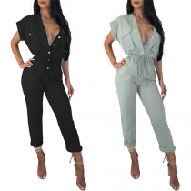 Sexy V-neck Short Sleeve High Waist Solid Color Jumpsuit