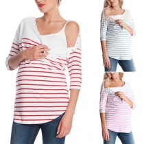 Fashion Half Sleeve Round Neck Striped Breastfeeding T-shirt
