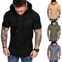 Fashion Solid Color Ribbed Trim Short Sleeve Hooded Men's T-shirt