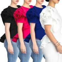 Sweet Round-neck Solid Color Lotus Spliced Short Sleeve Irregular Hem Shirt