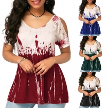 Fashion Contrast Color Round-neck Off-shoulder Short Sleeve Shirt