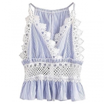 Sexy Deep V-neck Lace Spliced Striped Cami Top 