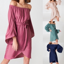 Fashion Off-the-shoulder Irregular Hem Self-tie Flare Sleeve Dress