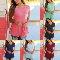 Fashion Solid Color Short Sleeve Round Neck Lace Spliced T-shirt