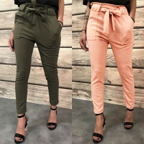 Fashion Solid Color High Waist Slim Fit Pants with Waist Strap 