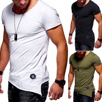 Fashion Round Neck Oblique Hem Men Short Sleeve Slim-fit T-shirt