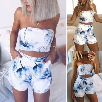 Sexy Printed Bandeau Top + High Waist Shorts Two-piece Set 