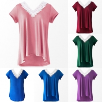 Fashion Contrast Color Lace Spliced V-neck Short Sleeve T-shirt