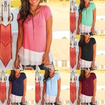 Fashion Contrast Color Short Sleeve Round Neck Chiffon Top 