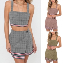 Sexy Backless Sling Plaid Crop Top + Skirt Two-piece Set 