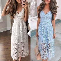 Sexy Backless V-neck High Waist Solid Color Sling Lace Dress