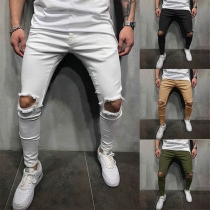 Fashion Solid Color Hollow Out Ripped Men's Pants