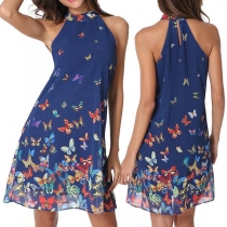Fashion Butterfly Printed Sleeveless Halter Dress