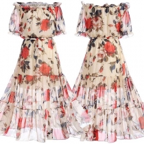 Sweet Contrast Color Boat-neck Lotus Spliced Pleated Hem Dress