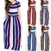 Fashion Round-neck Short Sleeve Striped Slim Fit Dress for Children 