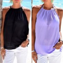 Sweet Lace-up Solid Color Sleeveless Off-shoulder Shirt