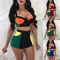 Sexy Backless Contrast Color Sling Crop Top + High Waist Shorts Two-piece Set 