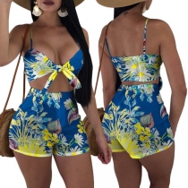 Sexy Backless V-neck Sling Top + High Waist Shorts Two-piece Set