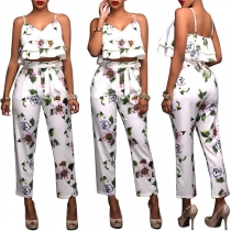 Sexy Backless Printed Cami Top + High Waist Pants Two-piece Set 