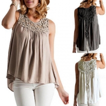 Fashion Solid Color Sleeveless Round Neck Lace Spliced Top 