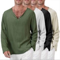 Fashion Solid Color Long Sleeve V-neck Men's T-shirt