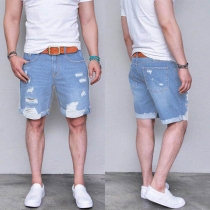 Fashion Light Color Side Pockets Ripped Man's Denim Shorts