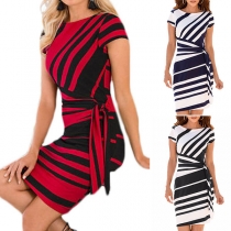 Fashion Solid Color Short Sleeve Round Neck Slim Fit Striped Dress