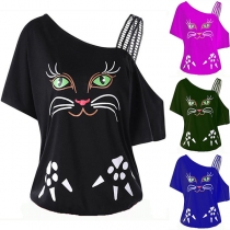 Sexy One-shoulder Short Sleeve Cat Printed T-shirt 