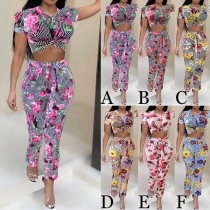 Sexy Short Sleeve Round Neck Printed Crop Top + High Waist Pants Two-piece Set 