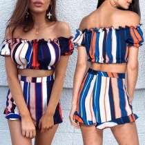 Sexy Boat Neck Colorful Striped Crop Top + High Waist Shorts Two-piece Set 